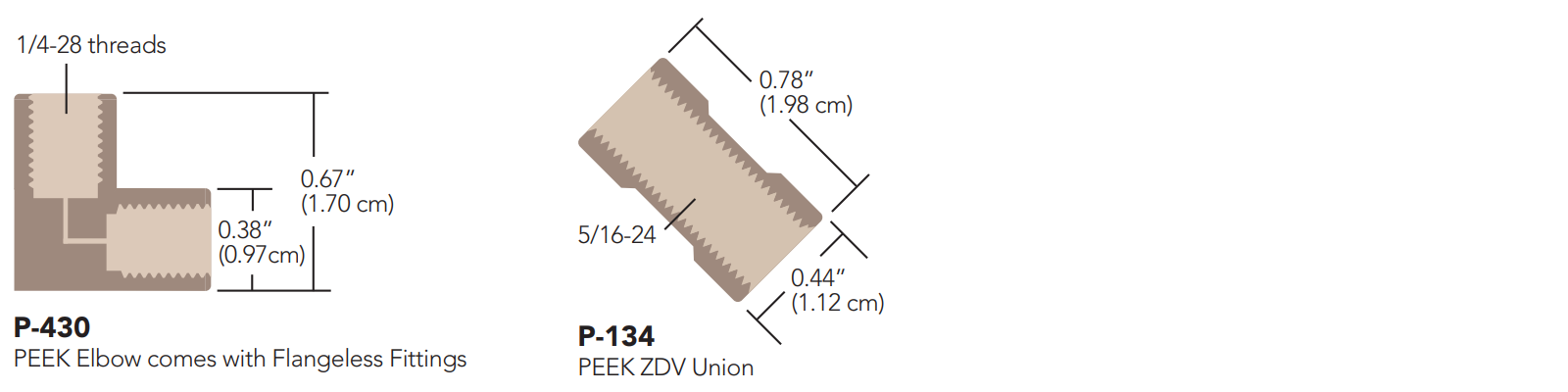 IDEX PEEK flat-bottom elbow and large bore union P-430, P-134