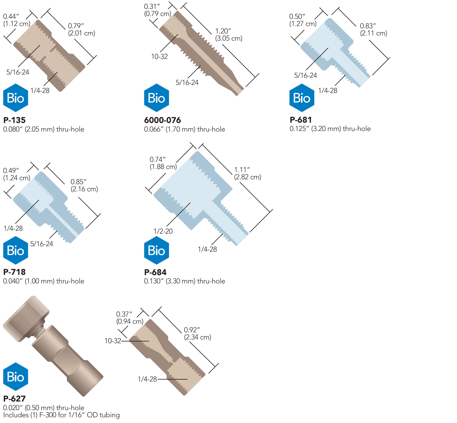 IDEX English threaded adapters P-135, 6000-076, P-681, P-618, P-684, P-627