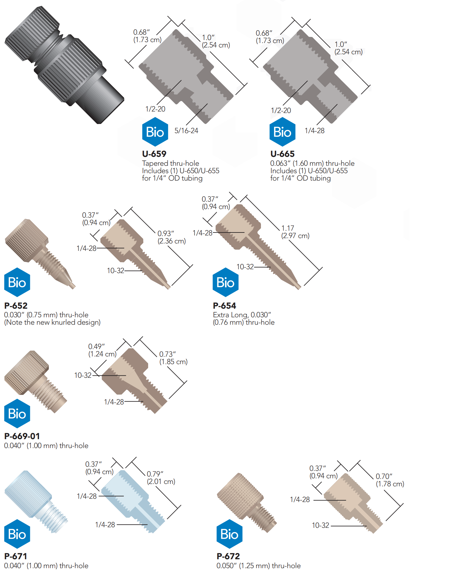 IDEX English threaded adapters U-659, U-665, P-652, P-654, P-669-01, P-671, P-672