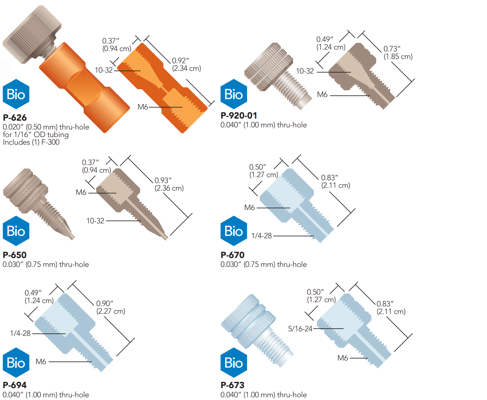 IDEX metric threaded adapters P-626, P-920-01, P-650, P-670, P-694, P-673