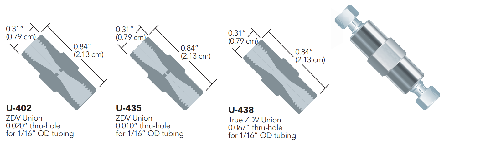 IDEX Stainless-Steel ZDV Unions U-402, U-435, U-438