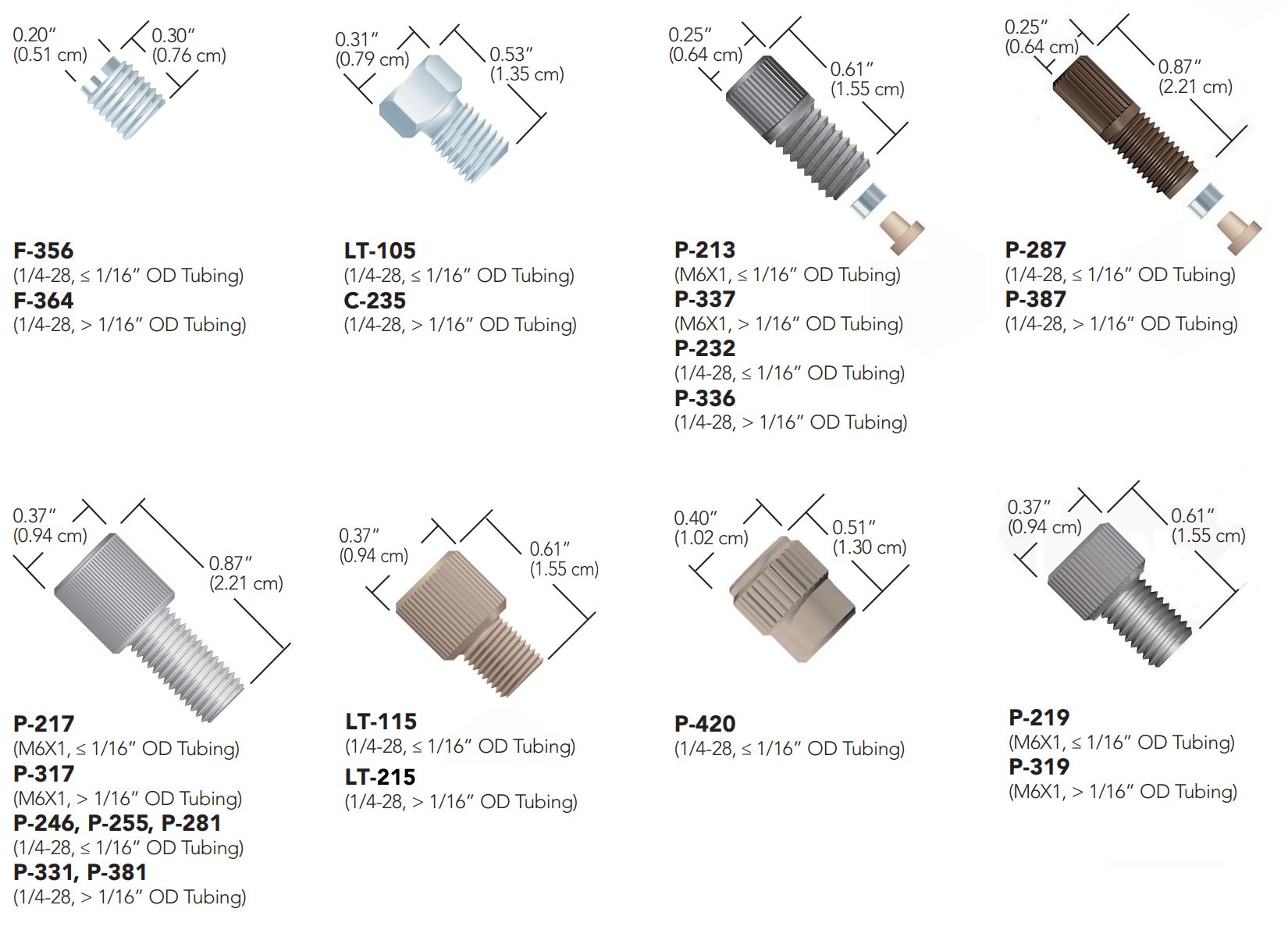 IDEX Super Flangeless Fittings F-356, F-364, LT-105, C-235, P-213, P-337, P-232, P-336, P-287, P-387, P-217, P-317, P-246, P-255, P-281, P-331, P-381, LT-215, P-420, P-219, P-319, LT-115 for 1/16" OD tubing in 1/4-28 or M6x1 flat-bottom port designs